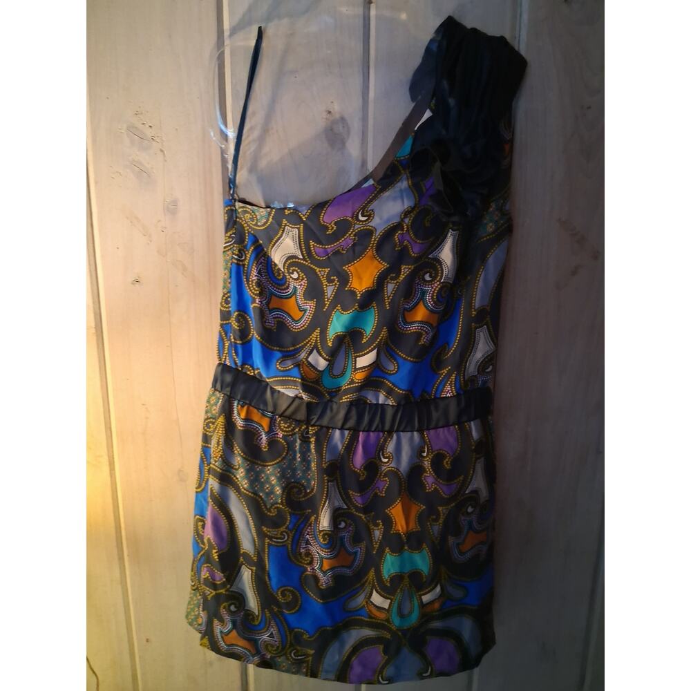 100% SILK Mini Dress by Jaloux Size Medium One-Shoulder Design Paisley  MINI
